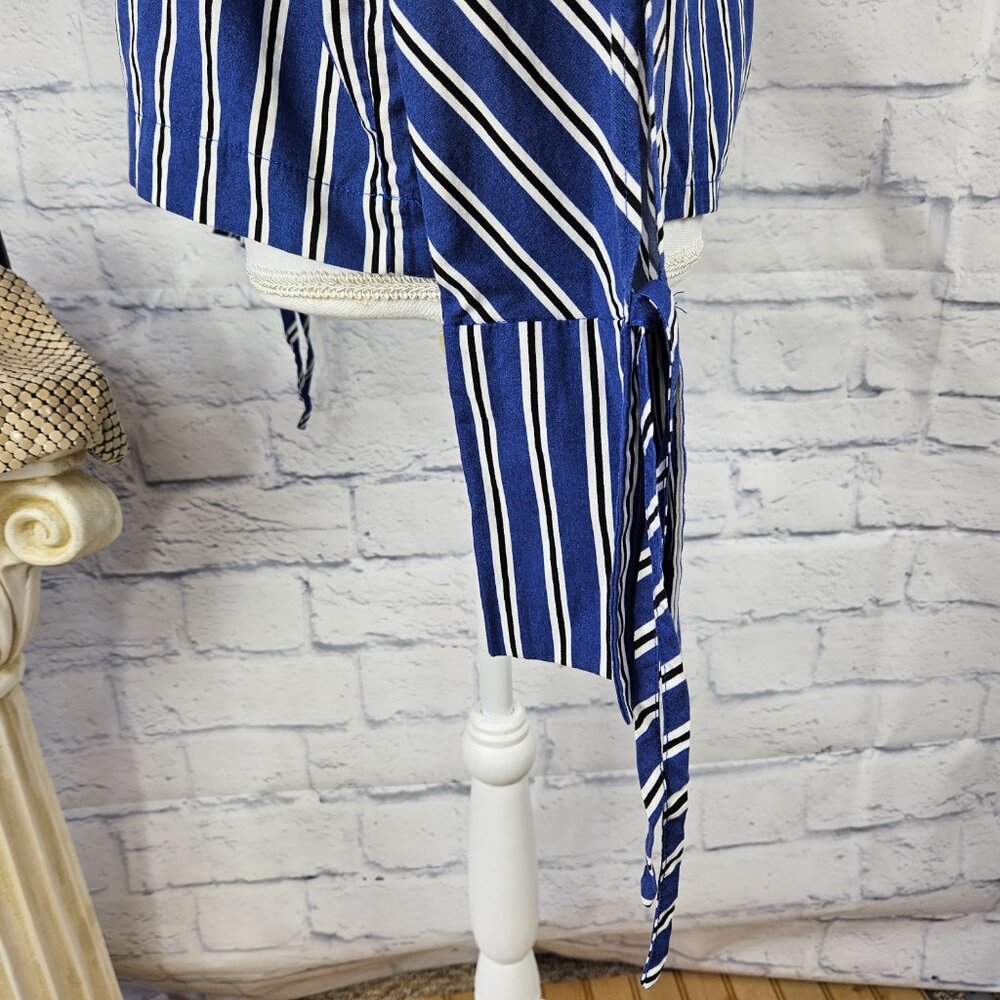 Topshop Sz 4 US Blue Black Striped One Shoulder Tie Sleeve Top Blouse FLAW READ - Picture 5 of 13